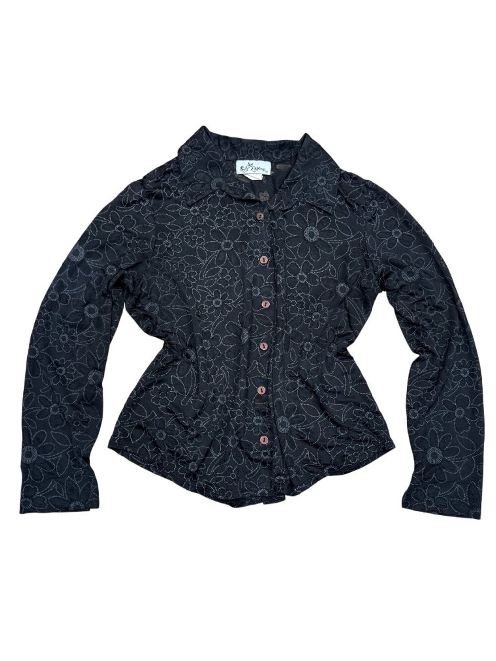 90s Self Esteem Black Floral Semi Sheer Button-Up Blouse Large Fairy Grunge Coqu